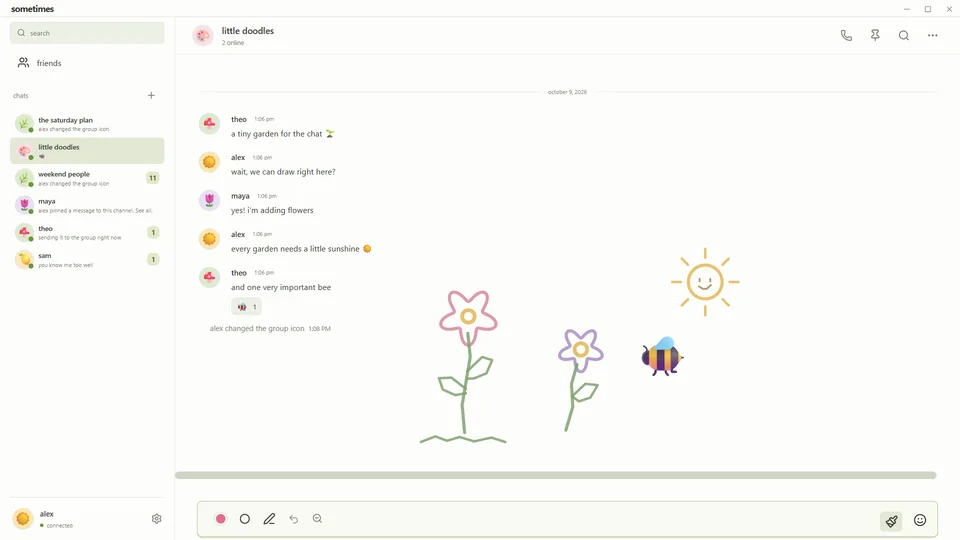 friends drawing flowers and a sun together in a sometimes group chat.